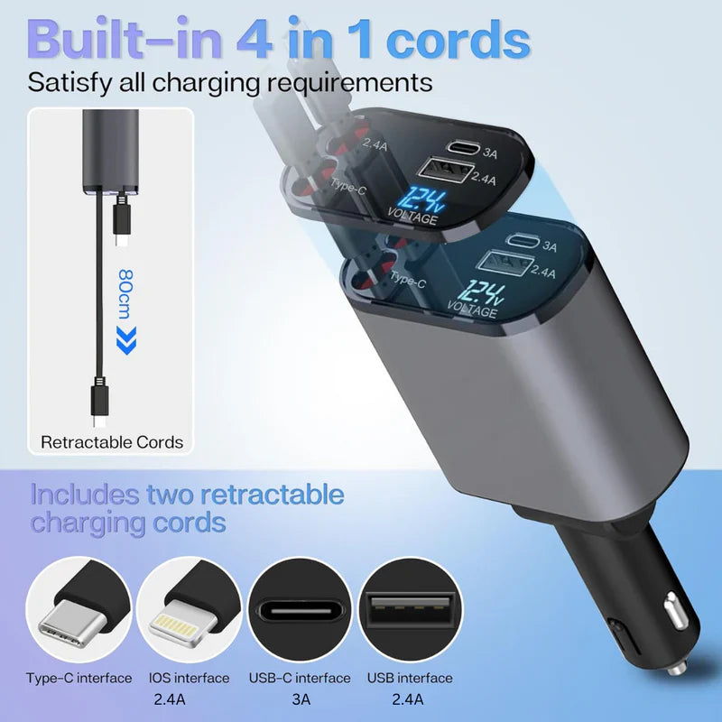 Compro™ 4-In-1 Retractable Car Charger + Free 3-In-1 Cable (11.11 Exclusive)