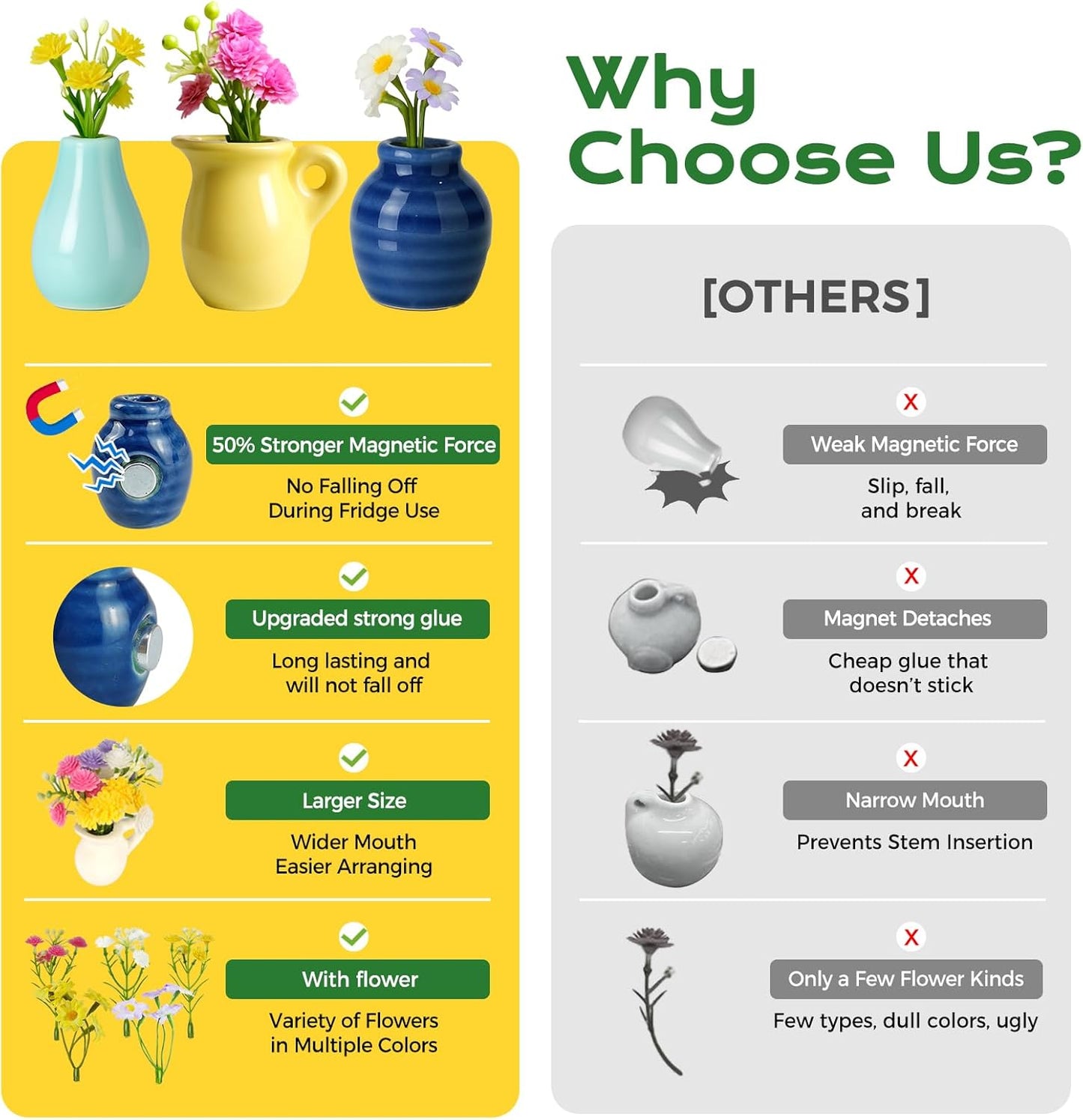 Refrigerator Magnets - Cute Mini Ceramic Vase Fridge Magnets with Artificial Flowers