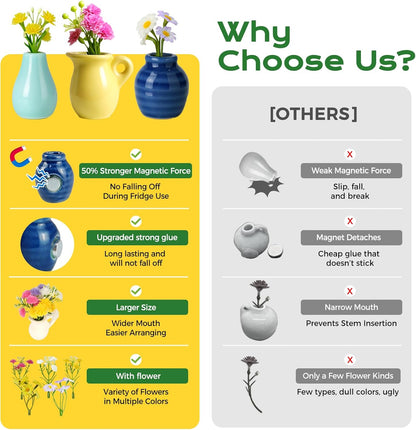 Refrigerator Magnets - Cute Mini Ceramic Vase Fridge Magnets with Artificial Flowers