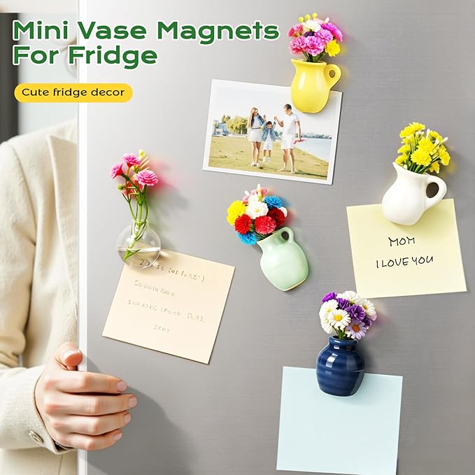 Refrigerator Magnets - Cute Mini Ceramic Vase Fridge Magnets with Artificial Flowers