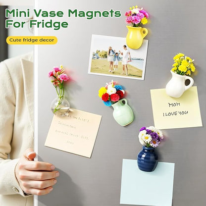 Refrigerator Magnets - Cute Mini Ceramic Vase Fridge Magnets with Artificial Flowers