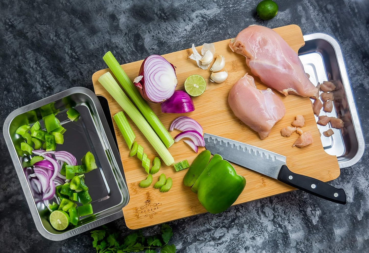 Bamboo Cutting Board with 2 Slide Out Drawers