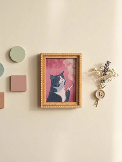 Wooden Rebellious Cat Smoking Art Print Fridge Magnets