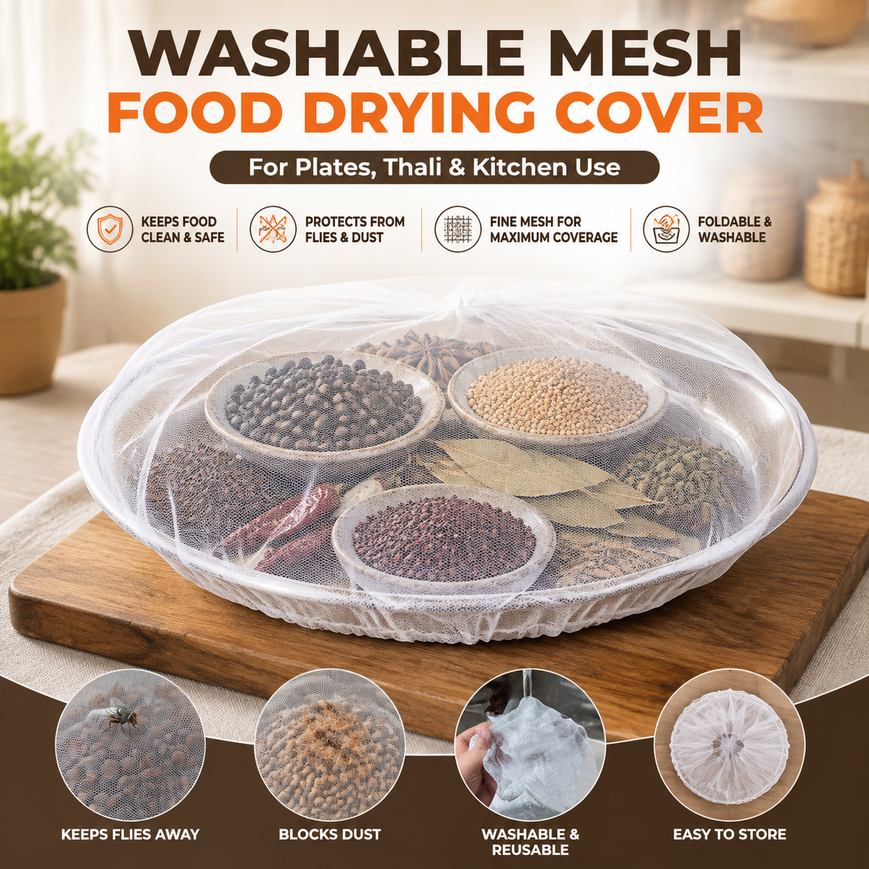 Washable Mesh Food Drying Cover for Plates, Thali & Kitchen Use with Elastic