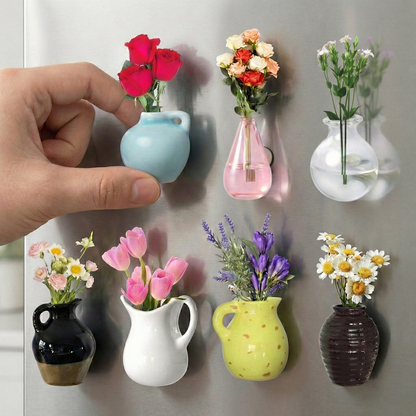 Refrigerator Magnets - Cute Mini Ceramic Vase Fridge Magnets with Artificial Flowers