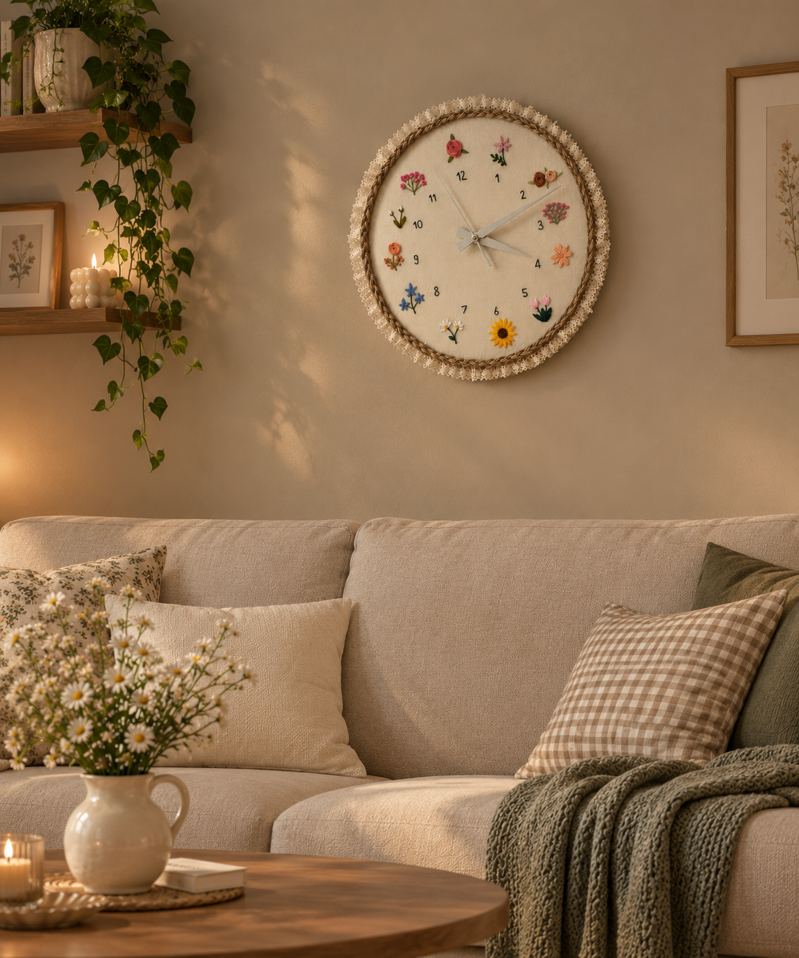 Elegant Bloom Embroidery Clock