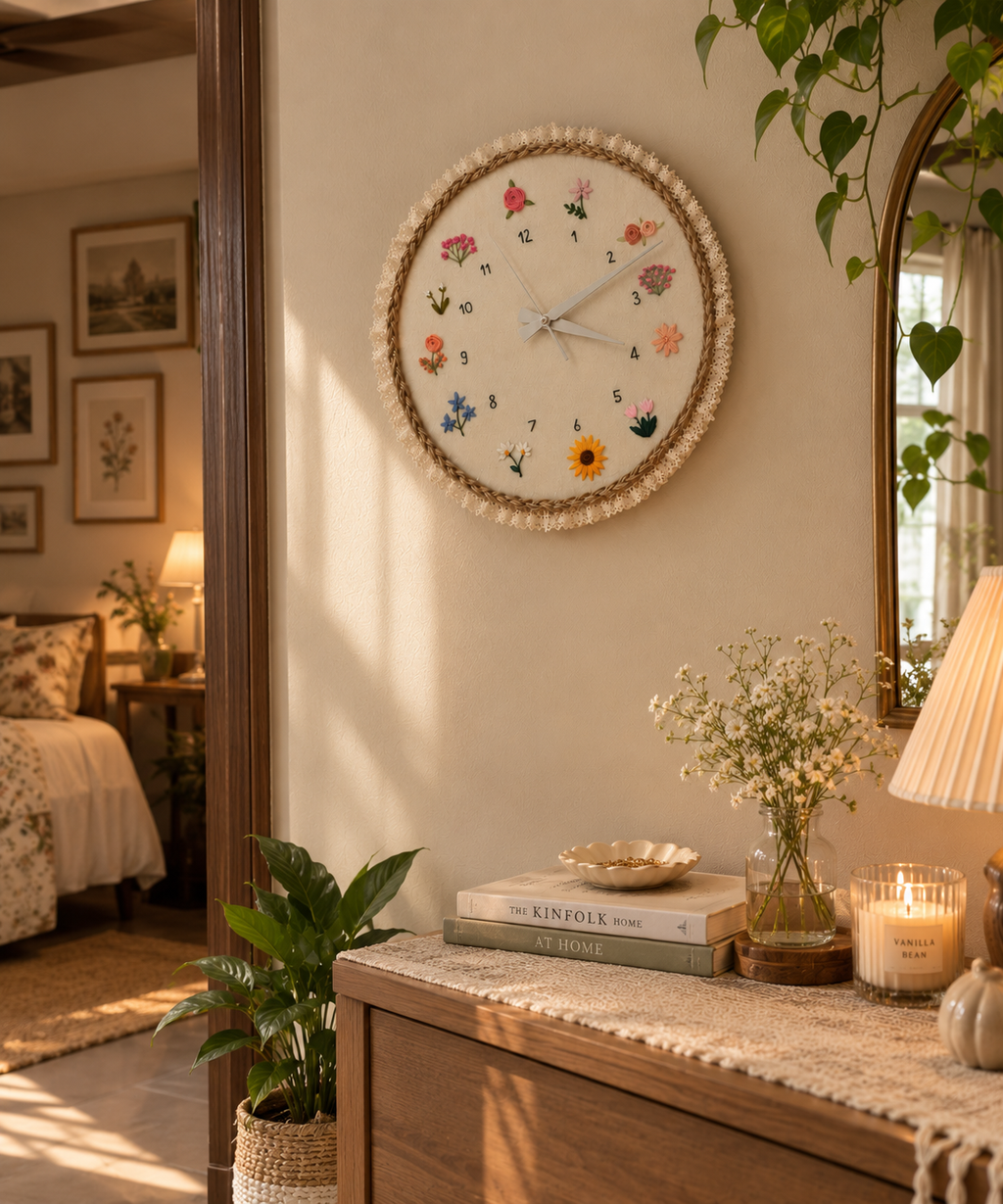 Elegant Bloom Embroidery Clock