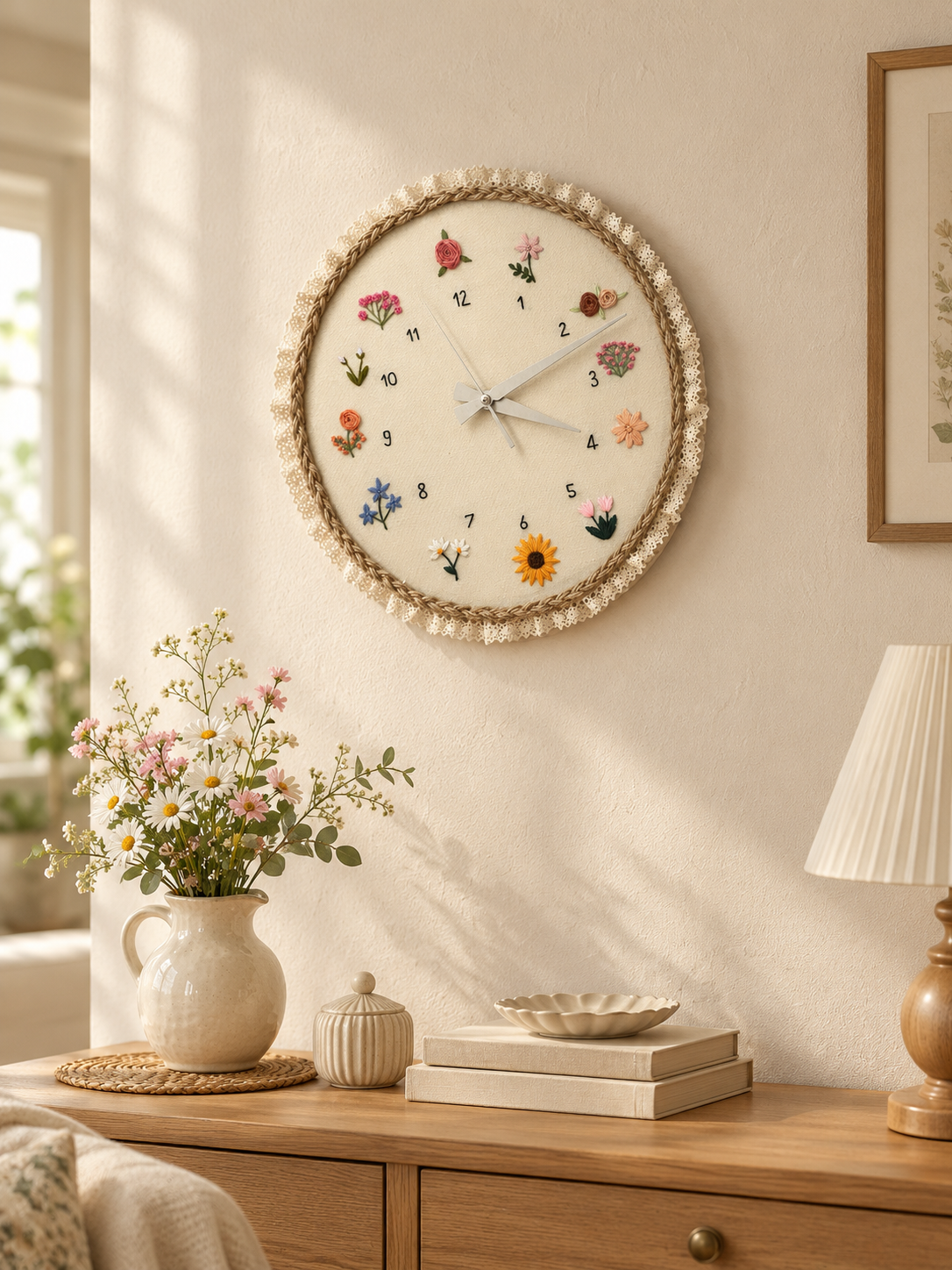 Elegant Bloom Embroidery Clock