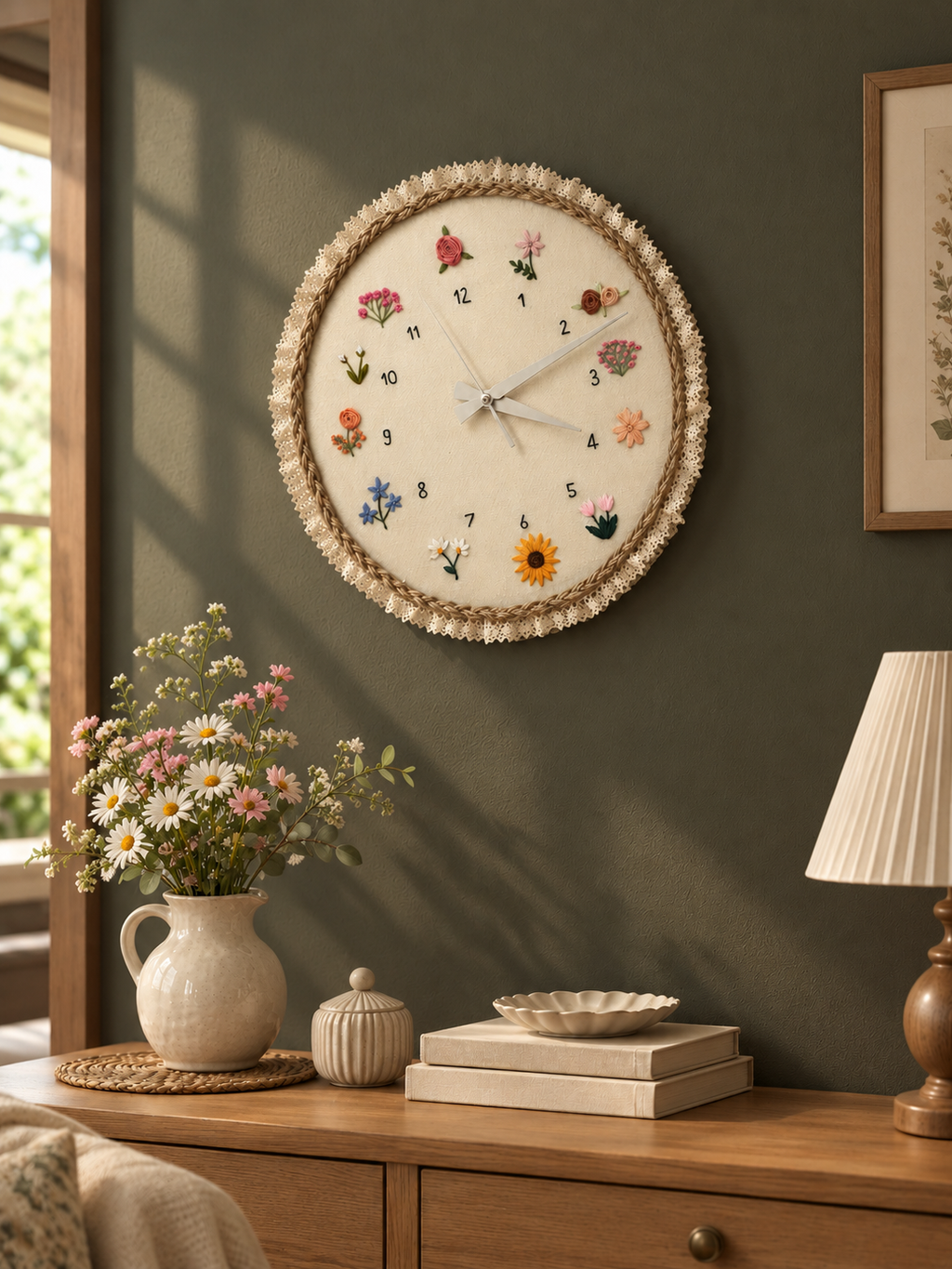 Elegant Bloom Embroidery Clock