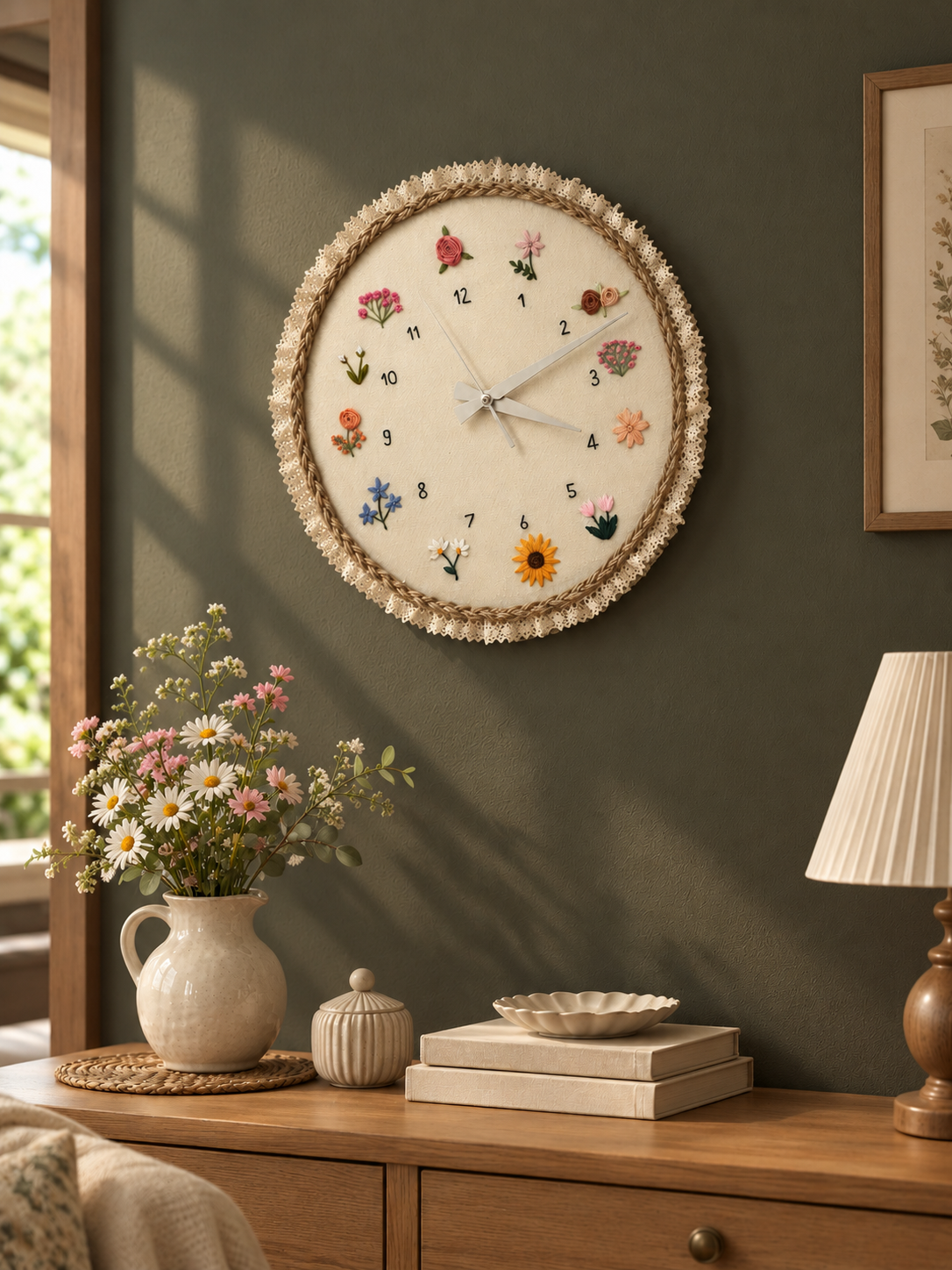 Elegant Bloom Embroidery Clock