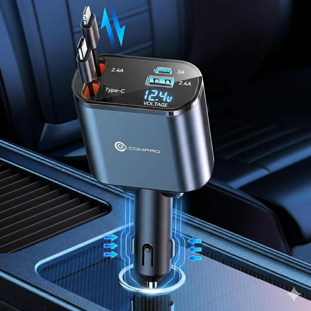 Compro™ 4-In-1 Retractable Car Charger + Free 3-In-1 Cable (11.11 Exclusive)
