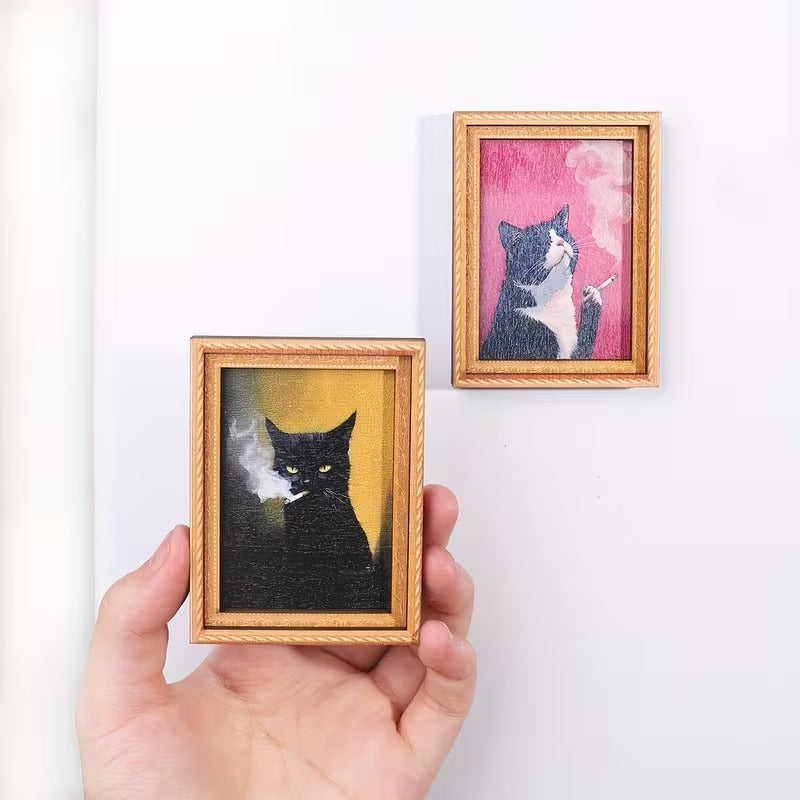 Wooden Rebellious Cat Smoking Art Print Fridge Magnets