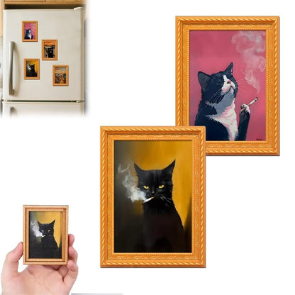 Wooden Rebellious Cat Smoking Art Print Fridge Magnets