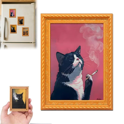 Wooden Rebellious Cat Smoking Art Print Fridge Magnets