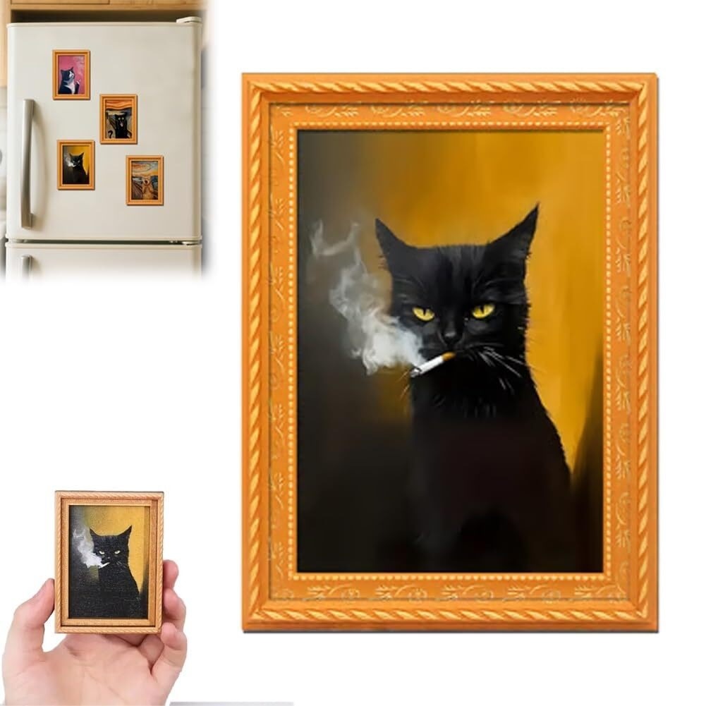 Wooden Rebellious Cat Smoking Art Print Fridge Magnets
