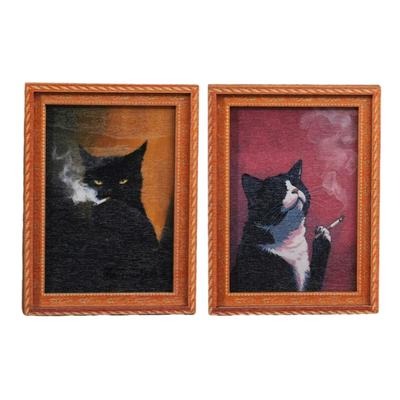 Wooden Rebellious Cat Smoking Art Print Fridge Magnets